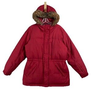 Lauren Ralph Lauren Women Small Down Puffer Coat Faux Fur Red Winter Parka READ